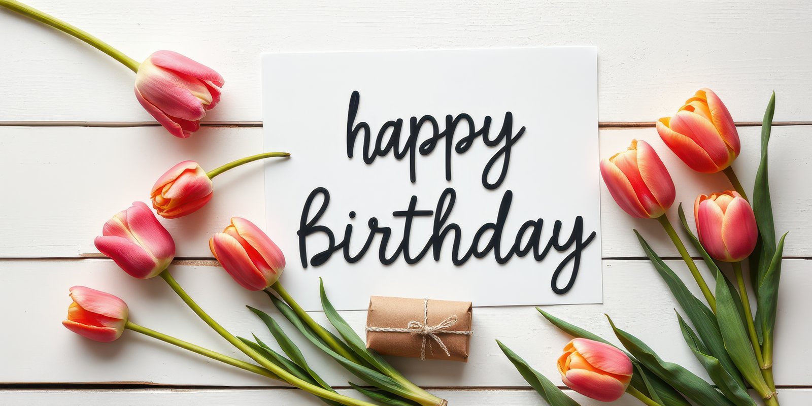 Greeting card with handwritten happy birthday message surrounded by pink tulips and a small gift on a white wooden table